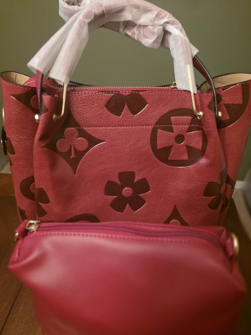 Designer-Pattern Red Tote Handbag with Matching Pouch